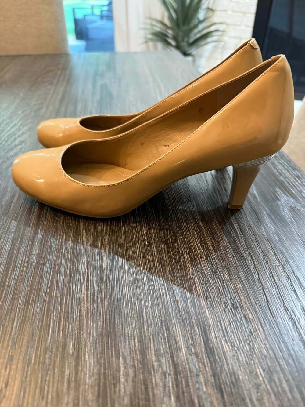 BCBGeneration Beige Patent Leather Round-Toe Pumps